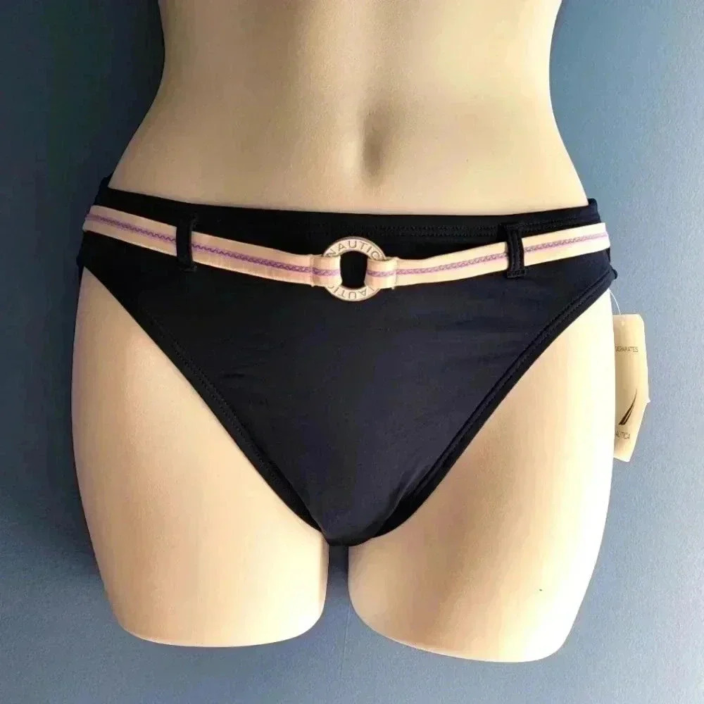 NWT NAUTICA Navy Blue with White & Purple Belted Swimwear Bikini Bottom Size 6